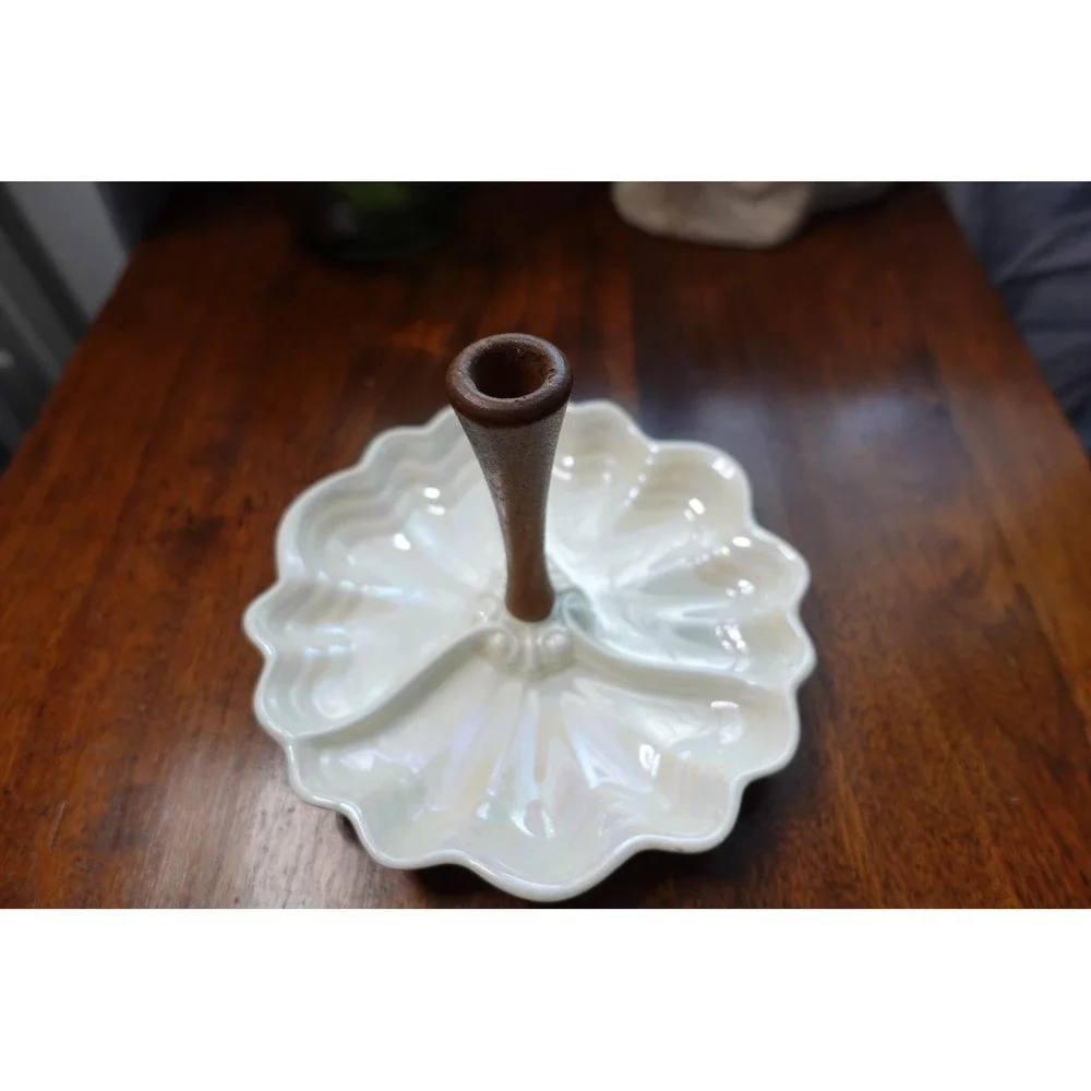 Vintage Maddux Ceramic Tidbit Tray: Iridescent Clam Shell‎ with Wood Centerpiece